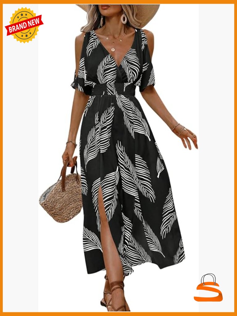 Women's Tropical Maxi Sundress Cold Shoulder Beach Vacation Dress